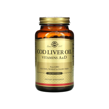 A bottle of Solgar Cod Liver Oil Sftgels Vitamin A & D 250 softgel ad.